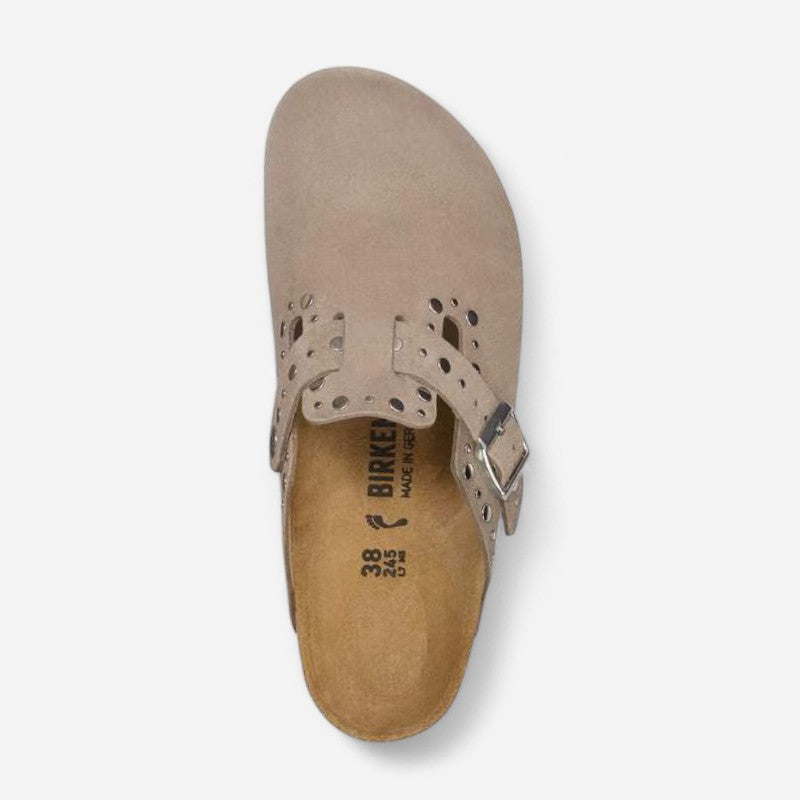 Boston Rivet Taupe Suede Leather Narrow